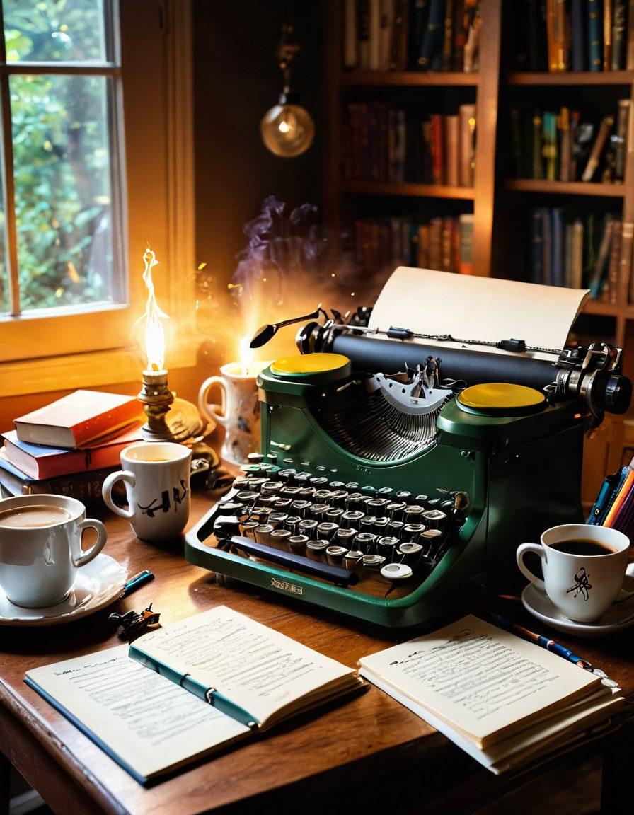 A whimsical writer’s desk scattered with colorful notebooks, coffee cups, and pens, reflecting inspiration. In the background, characters from various fan fiction genres interact playfully; a wizard, a superhero, and a fantasy creature immersed in their stories. Light beams ignite creativity, casting a warm glow. A vintage typewriter is prominently featured, suggesting narrative evolution. vibrant colors. super-realistic.