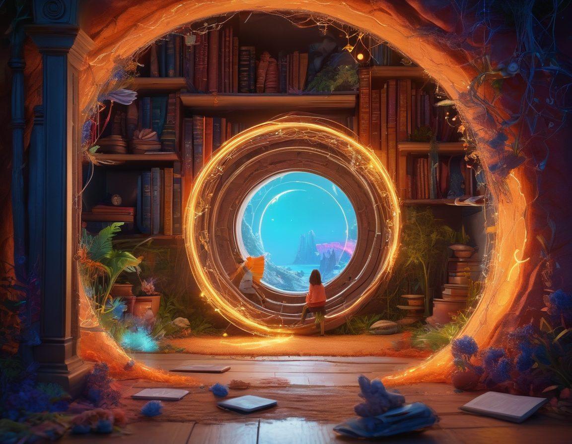 A whimsical scene representing diverse fan characters from various universes interconnected by glowing threads of creativity, showcasing each character's unique attributes in a vibrant landscape filled with portals leading to different worlds. Include elements like books, quills, and digital devices symbolizing storytelling. Super-realistic. Vibrant colors. 3D.