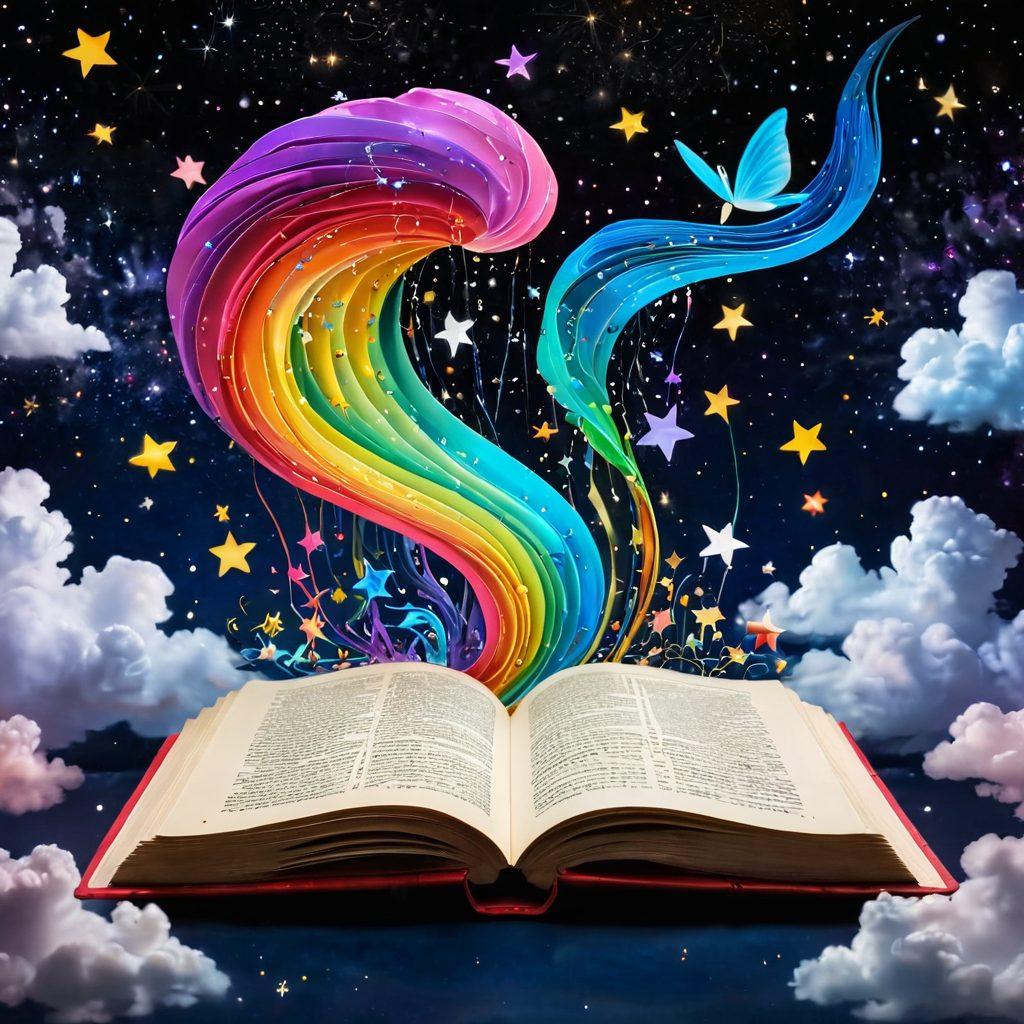 A whimsical scene featuring a colorful open book with magical elements like swirling ink and glowing pens hovering above it, surrounded by vibrant, floating characters from various fan stories. A backdrop of a starry night sky filled with twinkling stars and soft clouds adds depth. The atmosphere should evoke creativity and inspiration. vibrant colors. super-realistic.